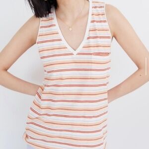 Madewell Cotton Striped Tank Top Orange Red White VNeck Shirt Ladies Sz Small